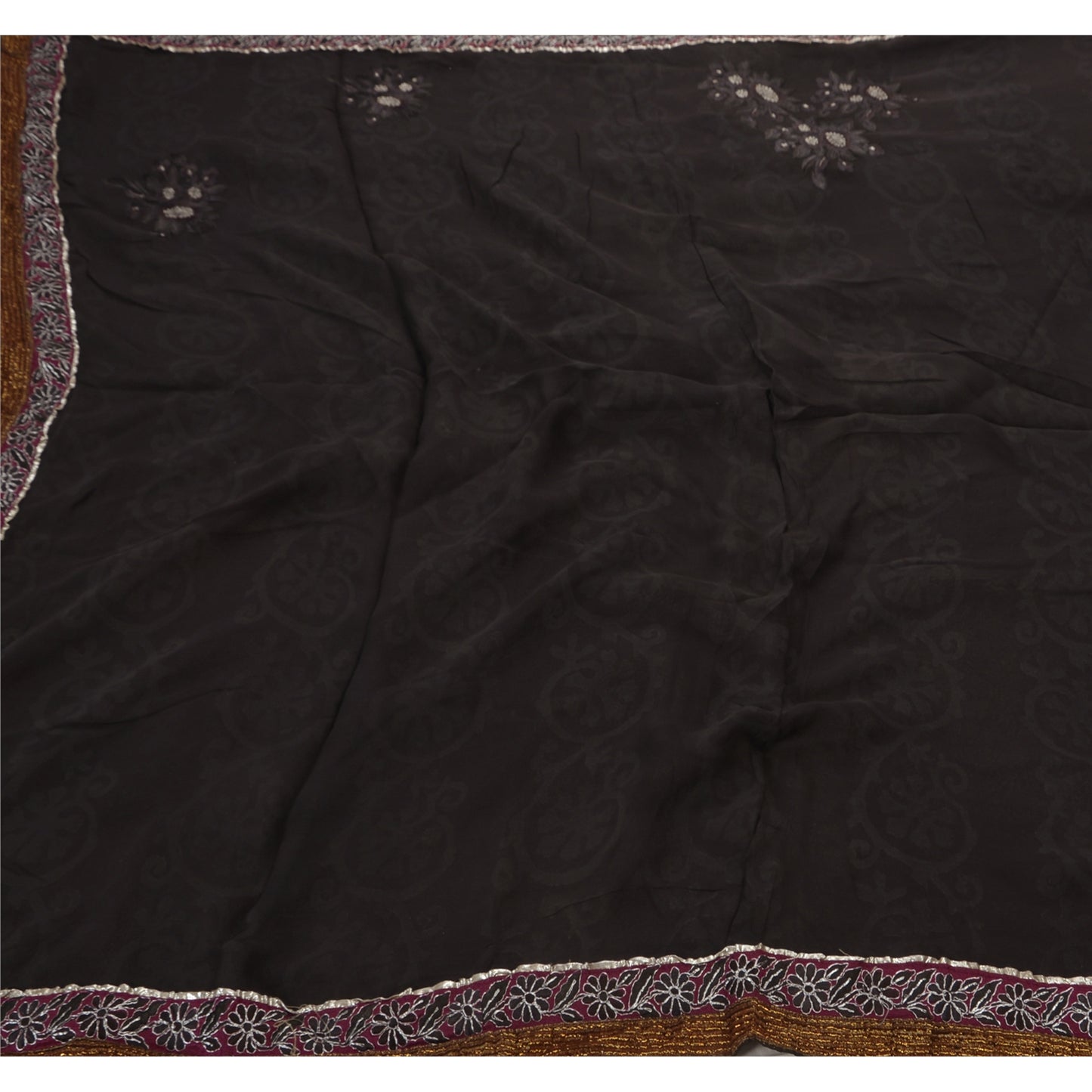 Sanskriti Vintage Black Indian Saree Blend Georgette Hand Beaded Sustainable Fabric Premium Sari