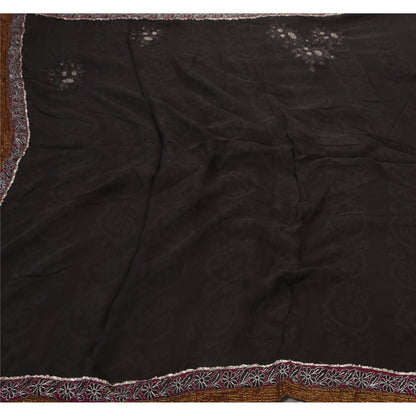 Sanskriti Vintage Black Indian Saree Blend Georgette Hand Beaded Sustainable Fabric Premium Sari