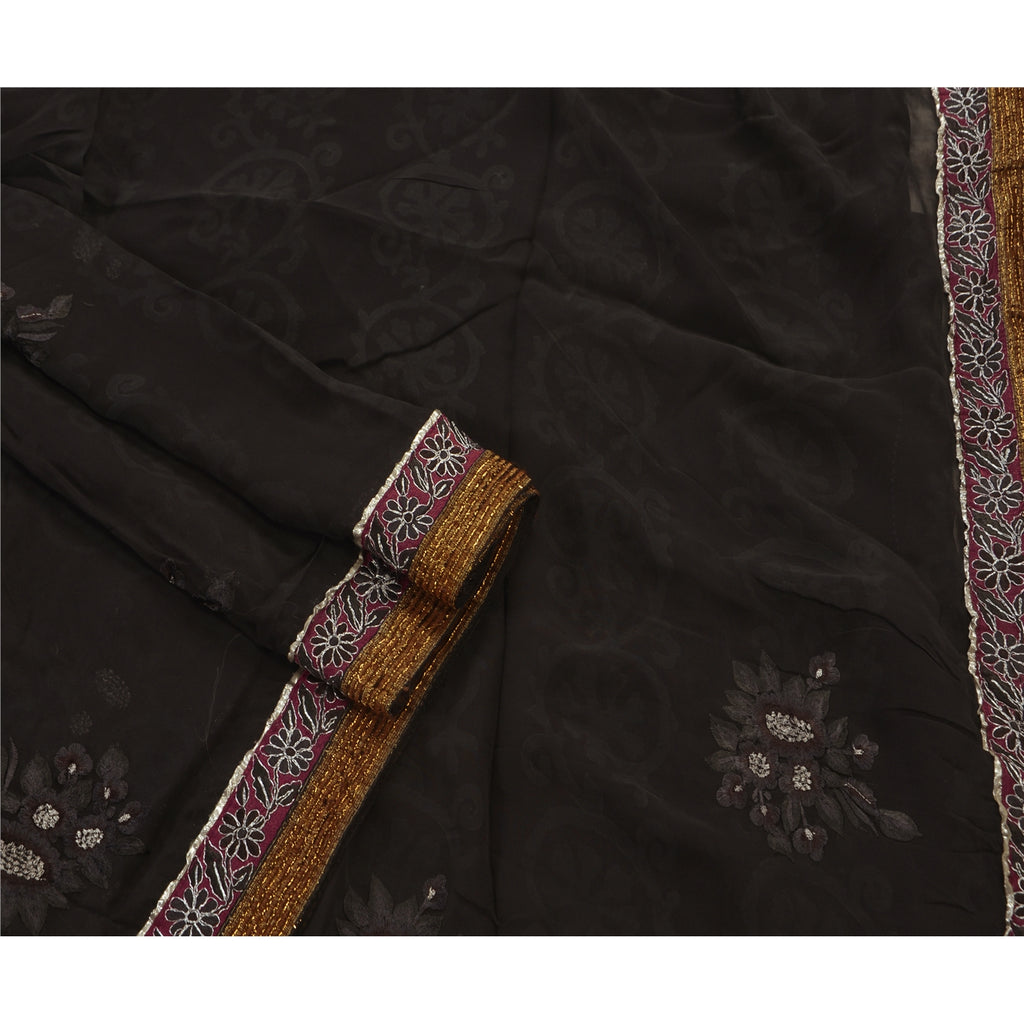 Sanskriti Vintage Black Indian Saree Blend Georgette Hand Beaded Sustainable Fabric Premium Sari