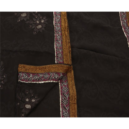 Sanskriti Vintage Black Indian Saree Blend Georgette Hand Beaded Sustainable Fabric Premium Sari