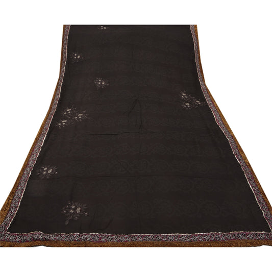Sanskriti Vintage Black Indian Saree Blend Georgette Hand Beaded Sustainable Fabric Premium Sari