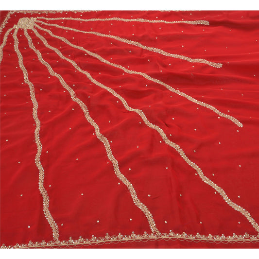 Sanskriti Vintage Red Indian Saree Georgette Hand Beaded Craft Sustainable Fabric Premium Sari