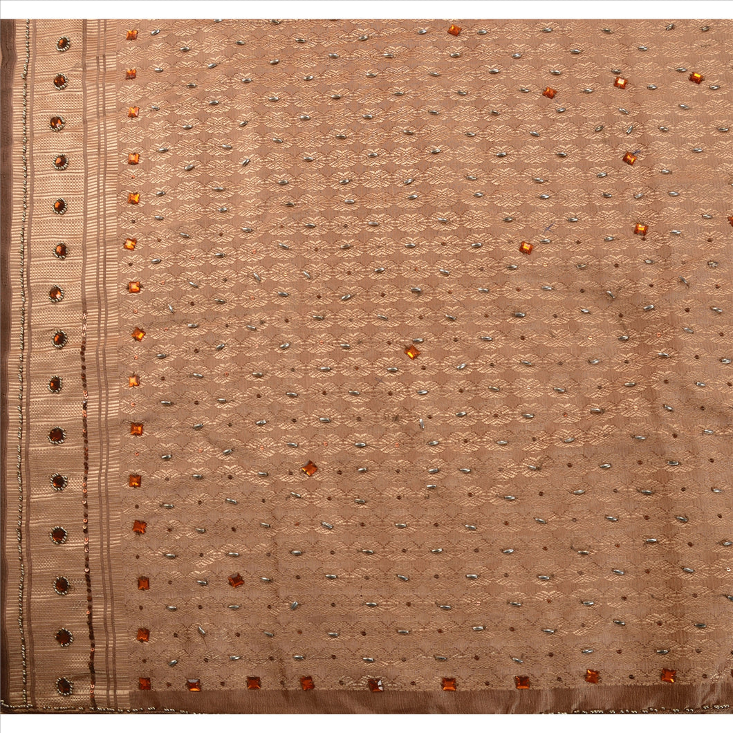 Vintage Indian Saree Art Silk Hand Beaded Woven Fabric Rhinestone Ethnic Sari