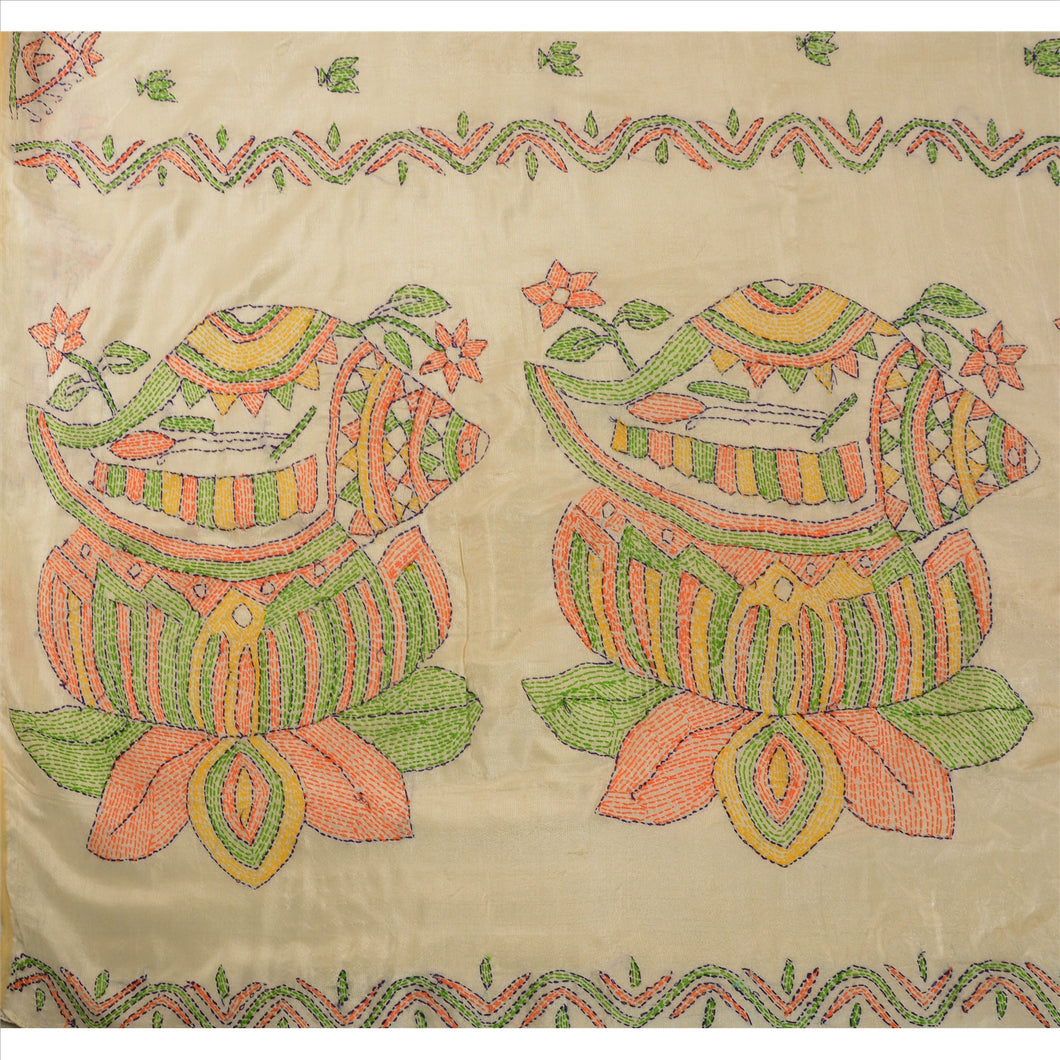 Vintage Indian Saree Art Silk Hand Embroidered Cram Craft Fabric Kantha Sari
