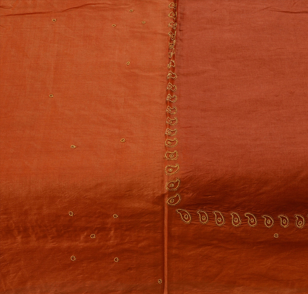 Antique Vintage Indian 100% Pure Silk Saree Hand Embroidered Orange Fabric Sari