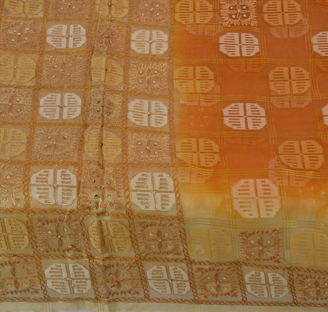 Vintage Indian 100% Pure Organza Silk Saree Hand Beaded Woven Craft Fabric Sari