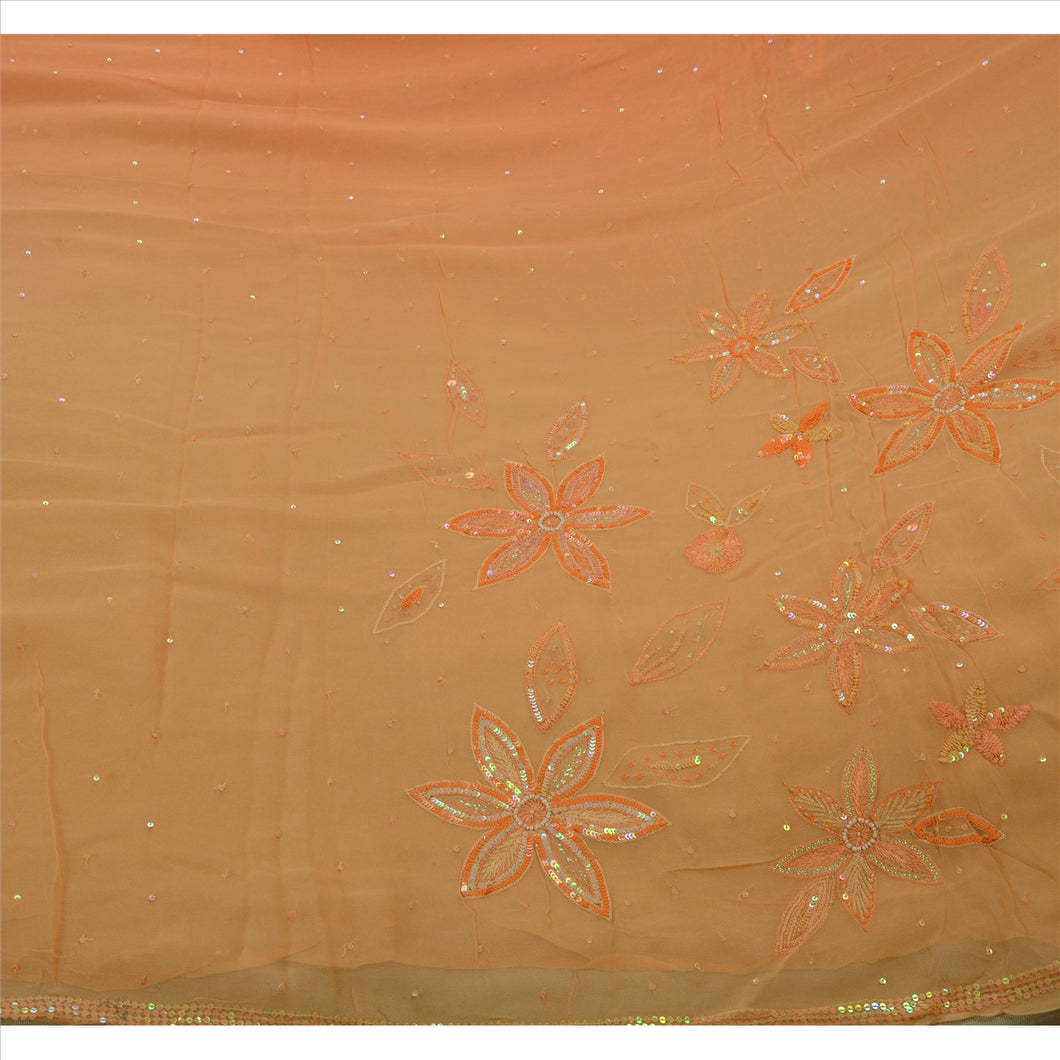Sanskriti Vintage Indian Saree Blend Georgette Hand Beaded Peach Fabric Sari