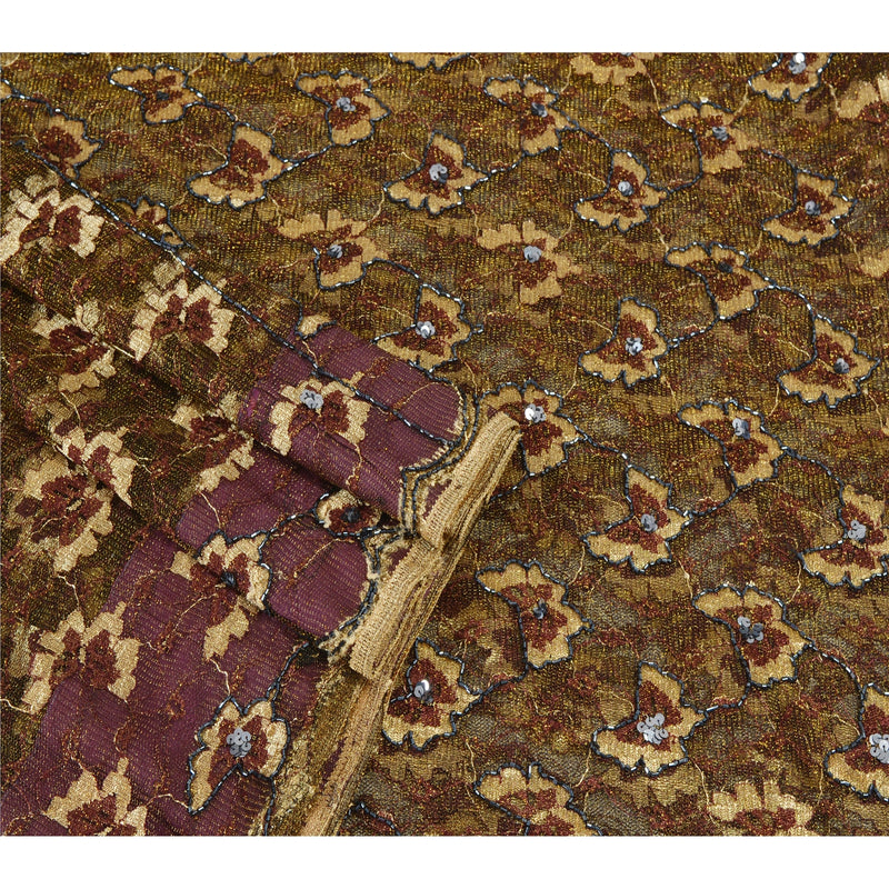 Sanskriti Vintage Black & Golden Beaded Net Sari Fabric: 5Yd Woven Craft Supply Add-Elegance to Table Linen, Curtains, or Cushion