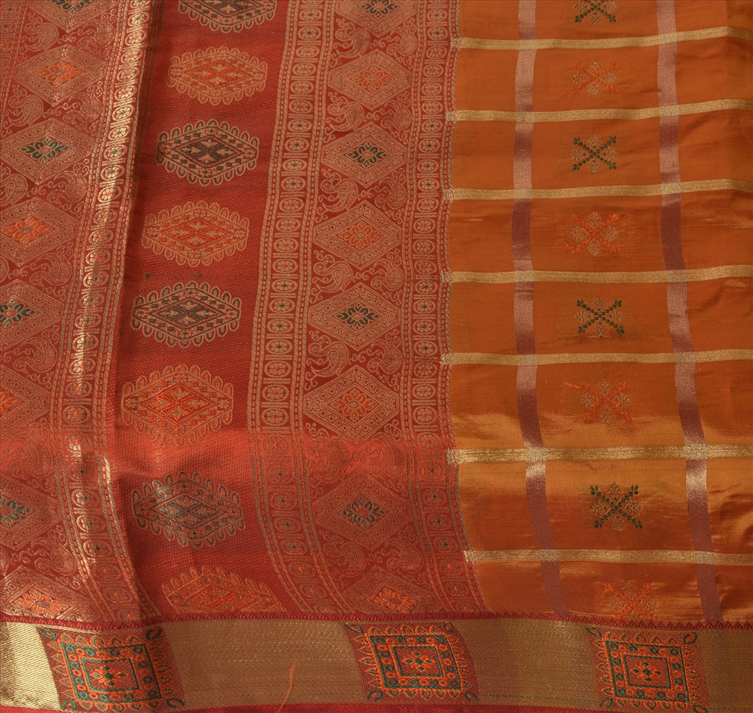 Sanskriti Vintage Indian Saree Art Silk Woven Saffron Craft Fabric Ethnic Sari