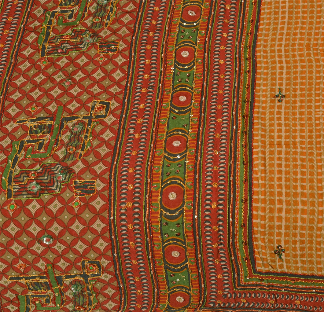 Vintage Indian Saree 100% Pure Georgette Silk Hand Beaded Craft Fabric Sari