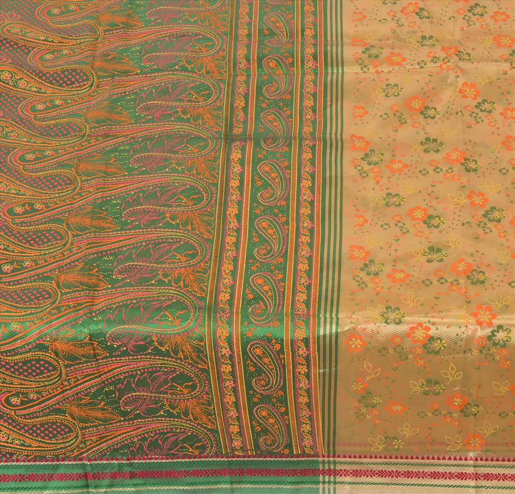 Sanskriti Vintage Indian Saree Art Silk Painted Cream Craft Fabric Sari