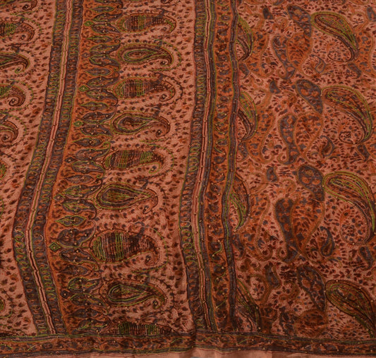 Sanskriti Vintage Indian Saree 100% Pure Silk Hand Beaded Peach Craft Sustainable Fabric Sari