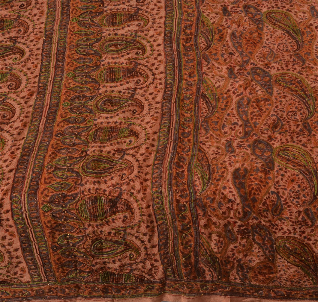 Vintage Indian Saree 100% Pure Silk Hand Beaded Peach Craft Fabric Sari