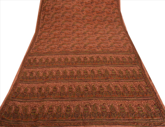 Sanskriti Vintage Indian Saree 100% Pure Silk Hand Beaded Peach Craft Sustainable Fabric Sari