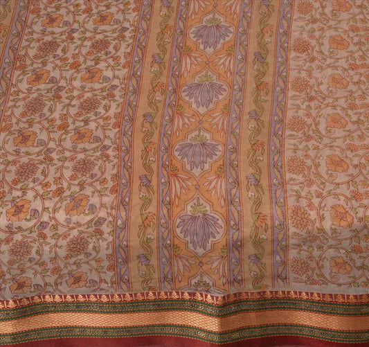 Sanskriti Vintage Indian Saree Art Silk Printed Cream Craft Sustainable Fabric Ethnic Sari