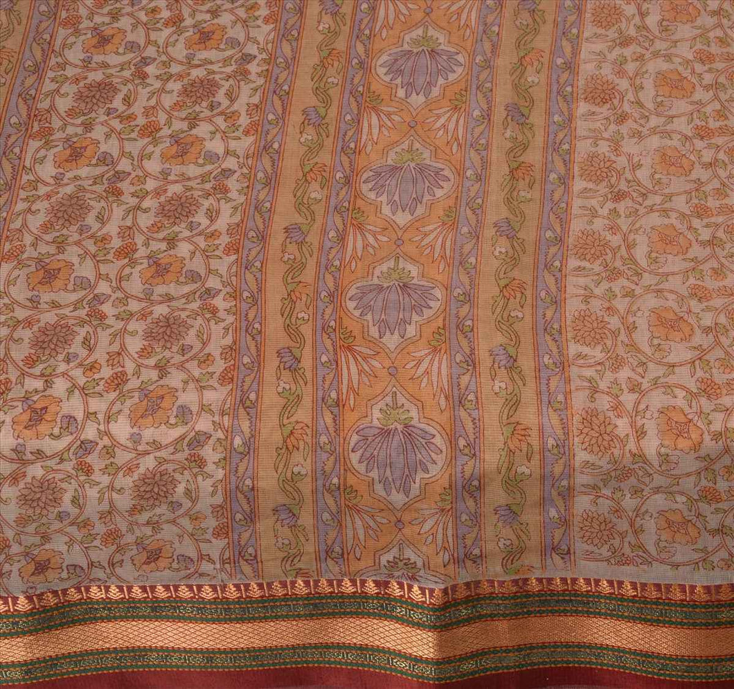 Sanskriti Vintage Indian Saree Art Silk Printed Cream Craft Fabric Ethnic Sari