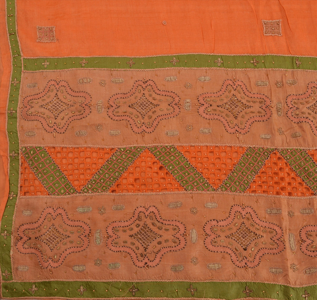 Antique Vintage Indian Saree 100% Pure Silk Hand Beaded Orange Craft Fabric Sari