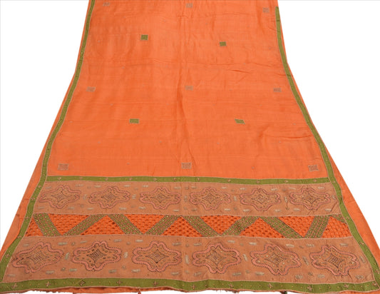 Sanskriti Vintage Indian Saree 100% Pure Silk Hand Beaded Orange Craft Sustainable Fabric Sari