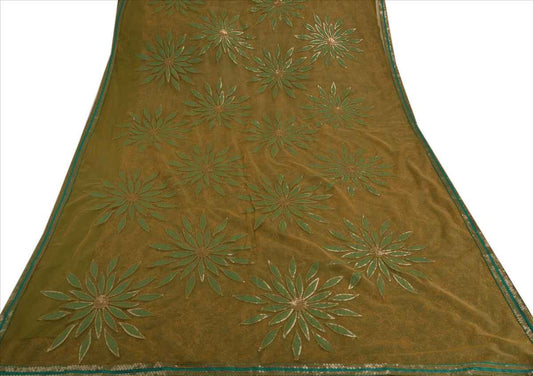 Sanskriti Vintage Indian Saree Embroidered Green Ethnic Craft Sustainable Fabric Patch Sari