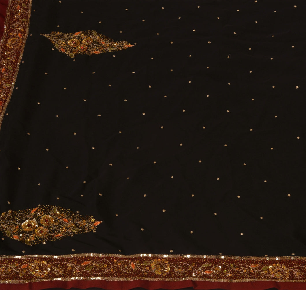 Sanskriti Vintage Antique Indian Saree Georgette Hand Embroidery Black Craft Fabric Sari
