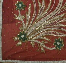Load image into Gallery viewer, Antique Vintage Indian Saree Net Mesh Hand Embroidery Maroon Craft Fabric Sari
