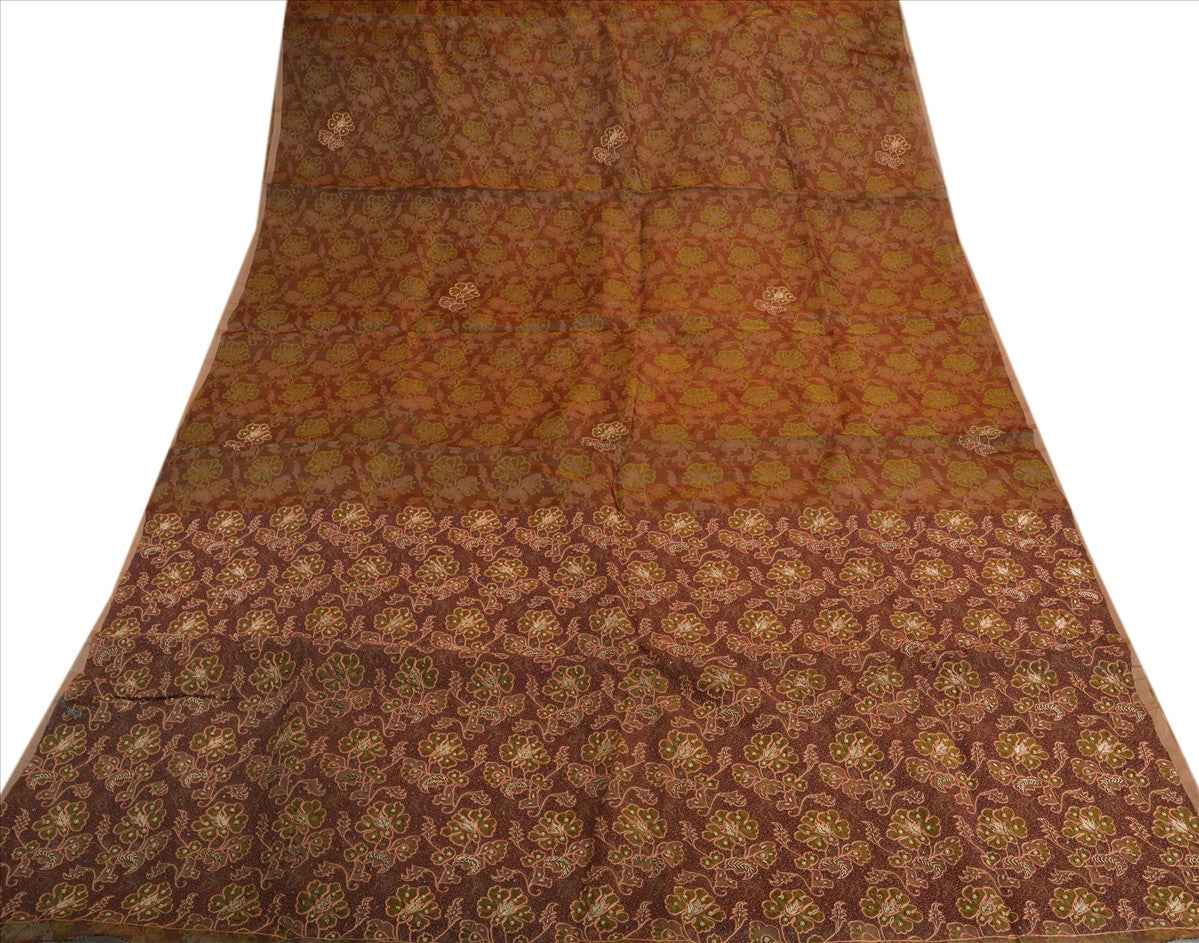 Sanskriti Vintage Indian Saree 100% Pure Organza Silk Hand Beaded Woven Sustainable Fabric Ethnic Sari