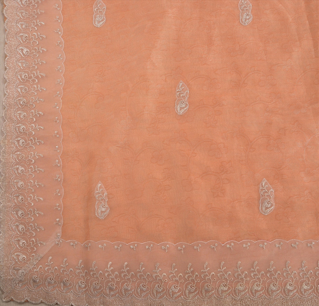 Antique Vintage Indian Saree Tissue Embroidery Woven Peach Craft Fabric Sari