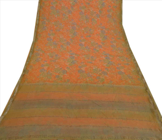 Sanskriti Vintage Indian Saree 100% Pure Georgette Silk Woven Green Craft Sustainable Fabric Sari