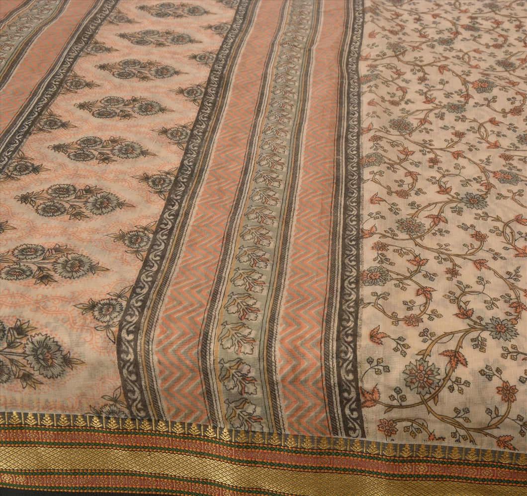 Sanskriti Vintage Indian Saree Art Silk Printed Cream Craft Fabric Sari