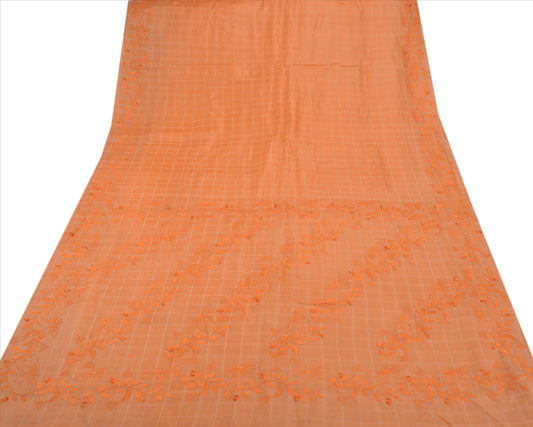 Sanskriti Vintage Indian Saree 100% Pure Silk Embroidered Peach Craft Sustainable Fabric Sari