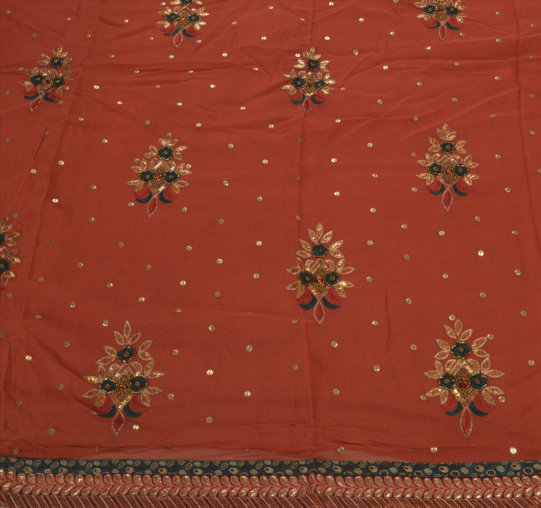 Sanskriti Vintage Antique Indian Saree Georgette Hand Embroidery Orange Craft Fabric Sari