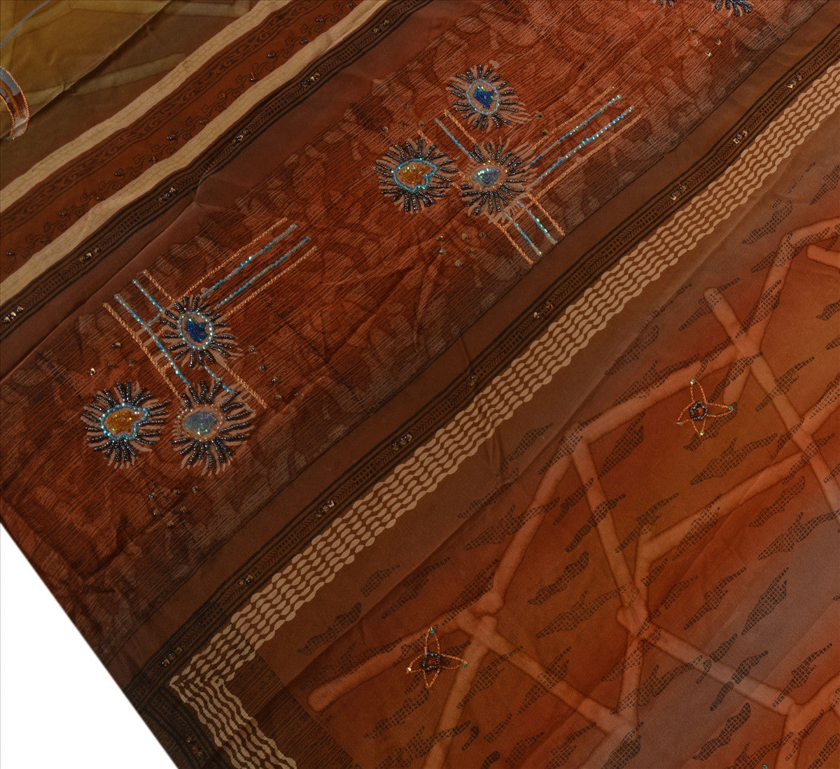 Sanskriti Vintage Indian Saree 100% Pure Crepe Silk Hand Beaded Craft Sustainable Fabric Cultural Sari