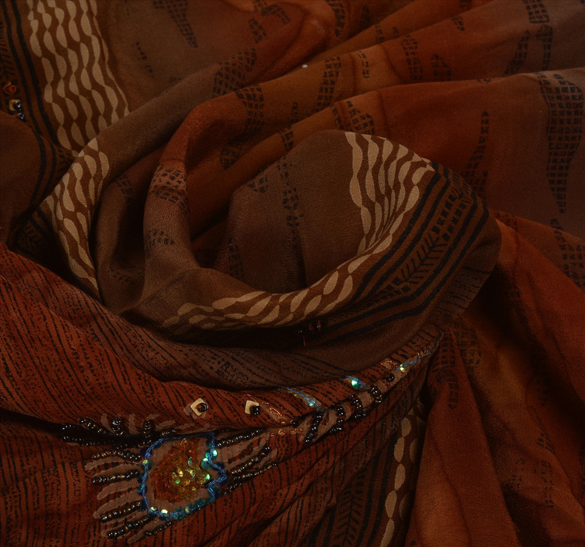 Sanskriti Vintage Indian Saree 100% Pure Crepe Silk Hand Beaded Craft Sustainable Fabric Cultural Sari