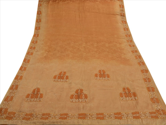 Sanskriti Vintage Indian Saree 100% Pure Crepe Silk Embroidery Craft Sustainable Fabric Sari