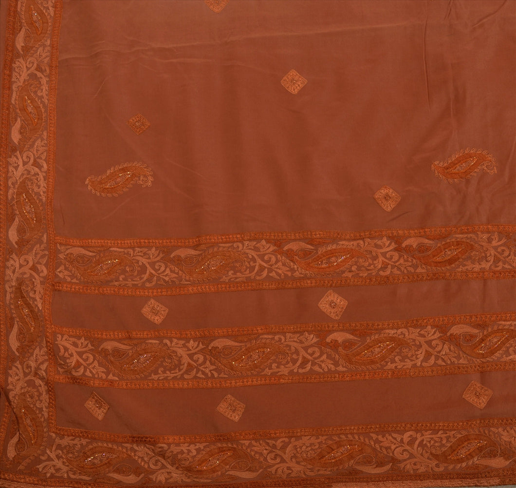 Vintage Indian Saree 100% Pure Crepe Silk Hand Beaded Brown Craft Fabric Sari