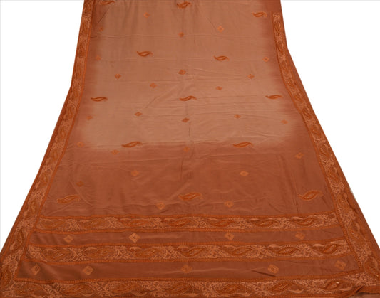 Sanskriti Vintage Indian Saree 100% Pure Crepe Silk Hand Beaded Brown Craft Sustainable Fabric Sari