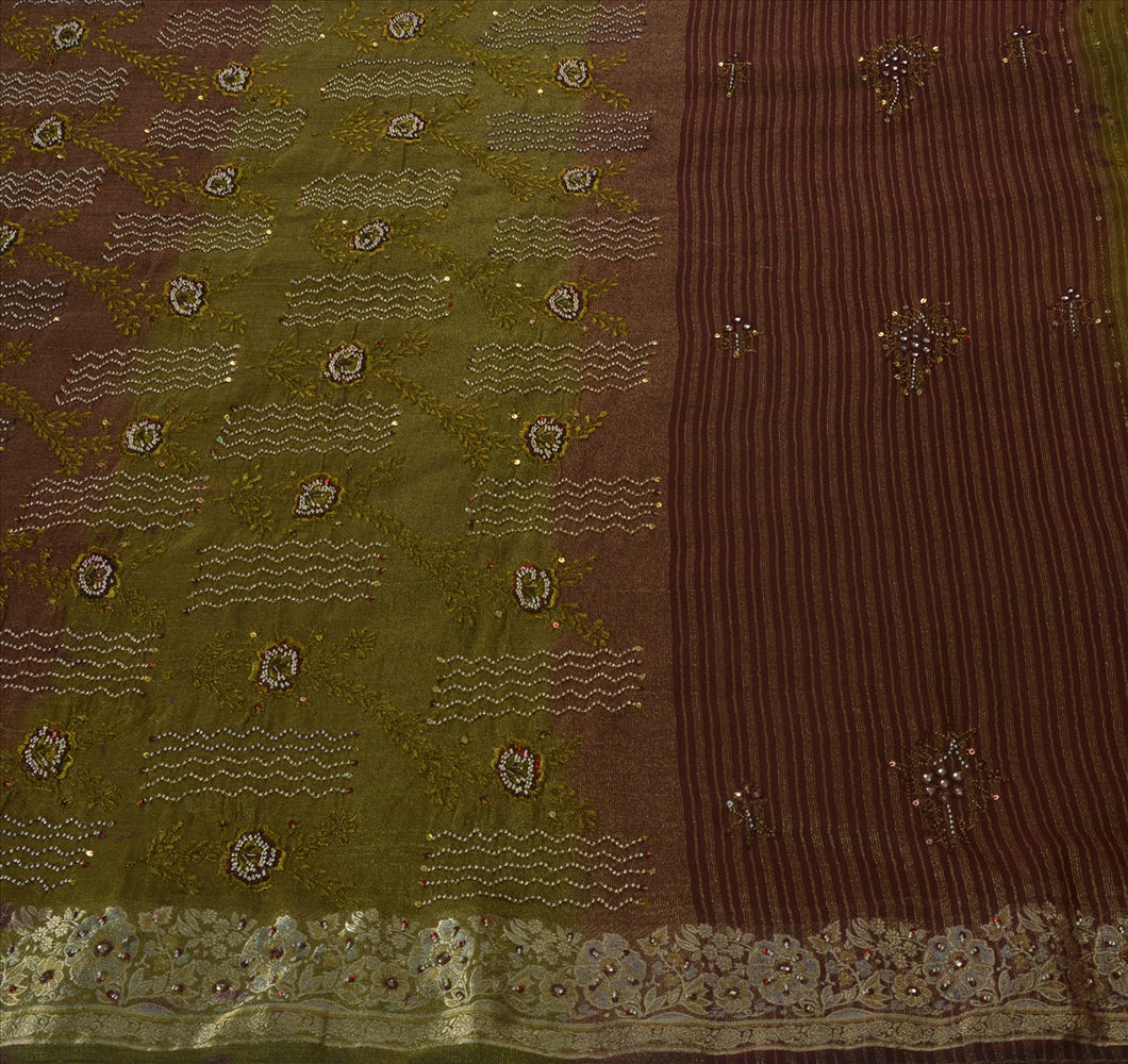 Antique Vintage Indian Saree Georgette Hand Embroidery Woven Craft Fabric Sari