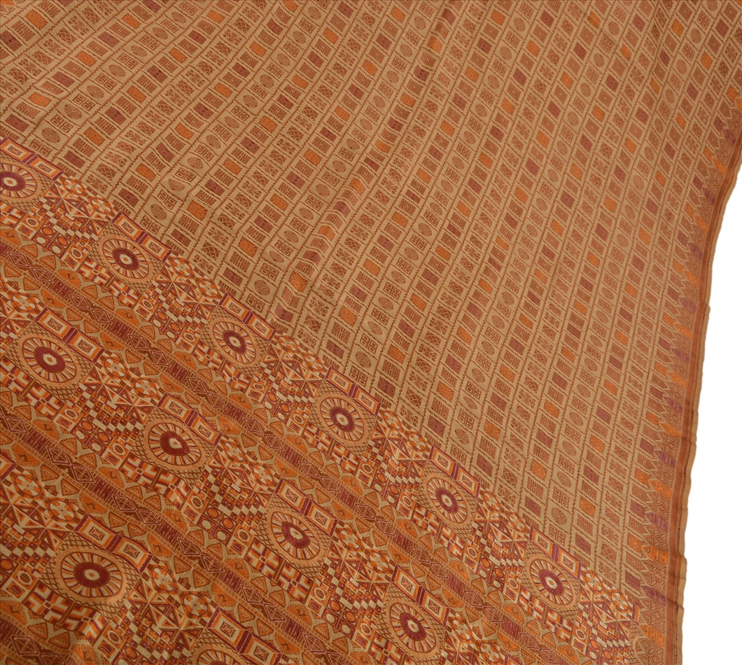 Antique Vintage Indian Saree 100% Pure Silk Woven Cream Craft Fabric Sari