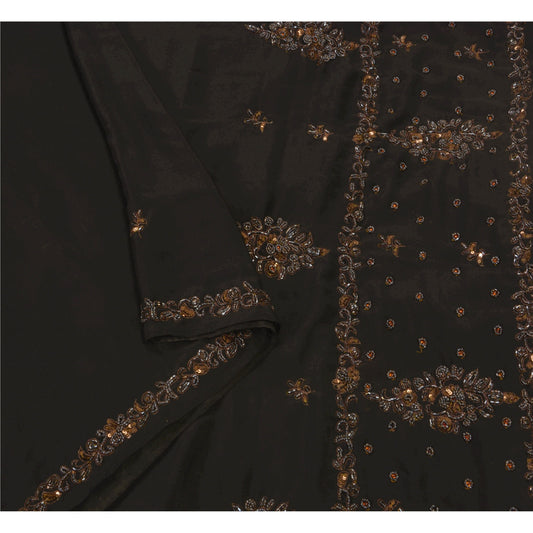 Санскритское винтажное сари из шелка ручной работы, расшитое бисером, черного цвета, экологически чистая ткань, этническое сари премиум-класса