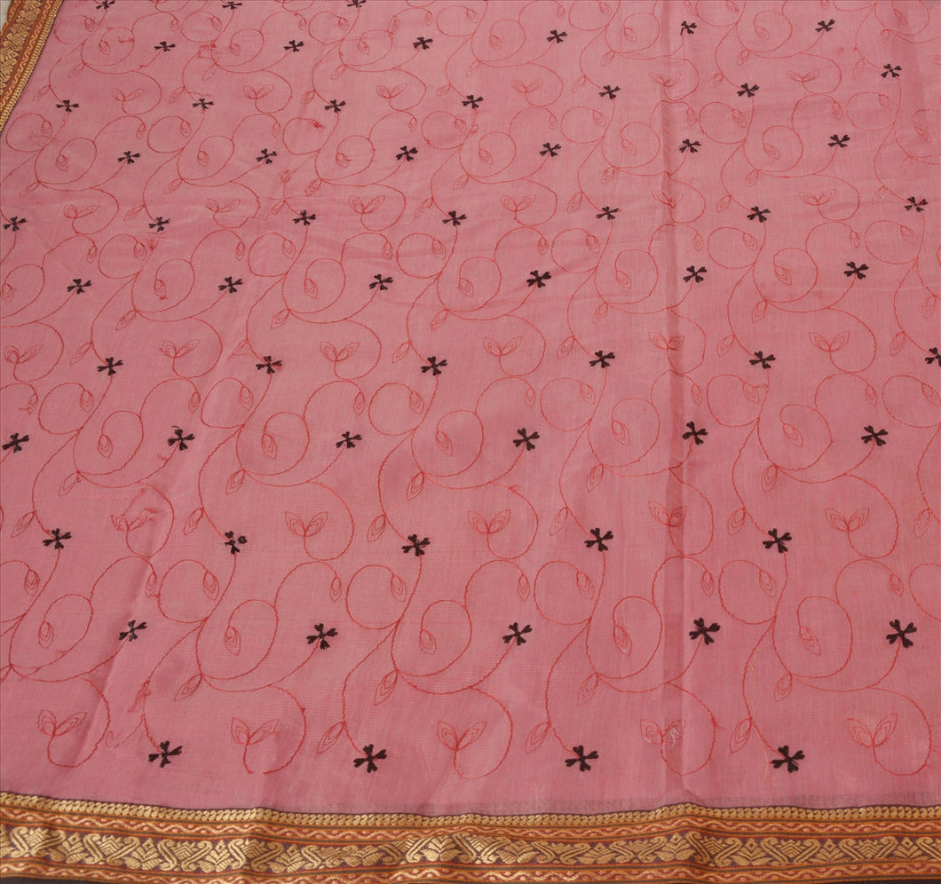 Sanskriti Vintage Indian Saree Cotton Embroidered Pink Craft Fabric Sari