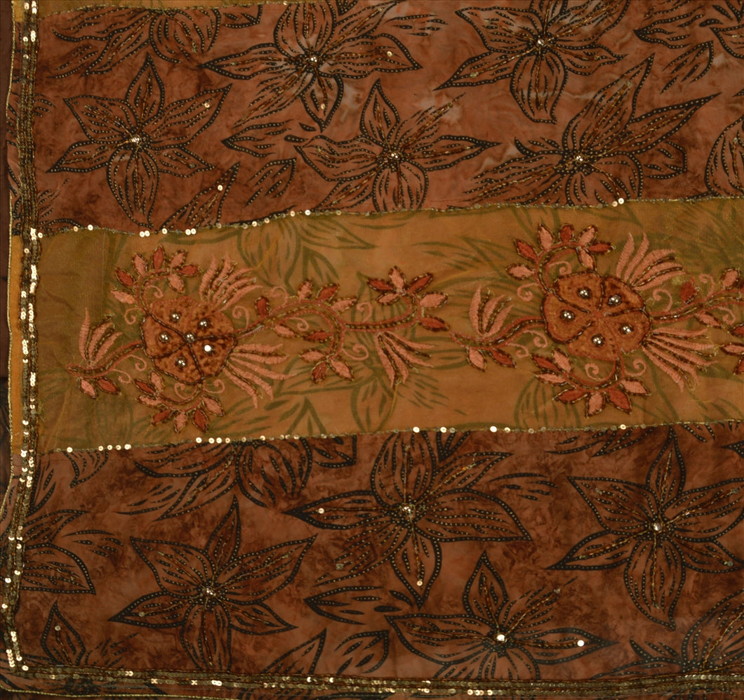 Antique Vintage Indian Saree Net Mesh Hand Embroidery Brown Craft Fabric Sari