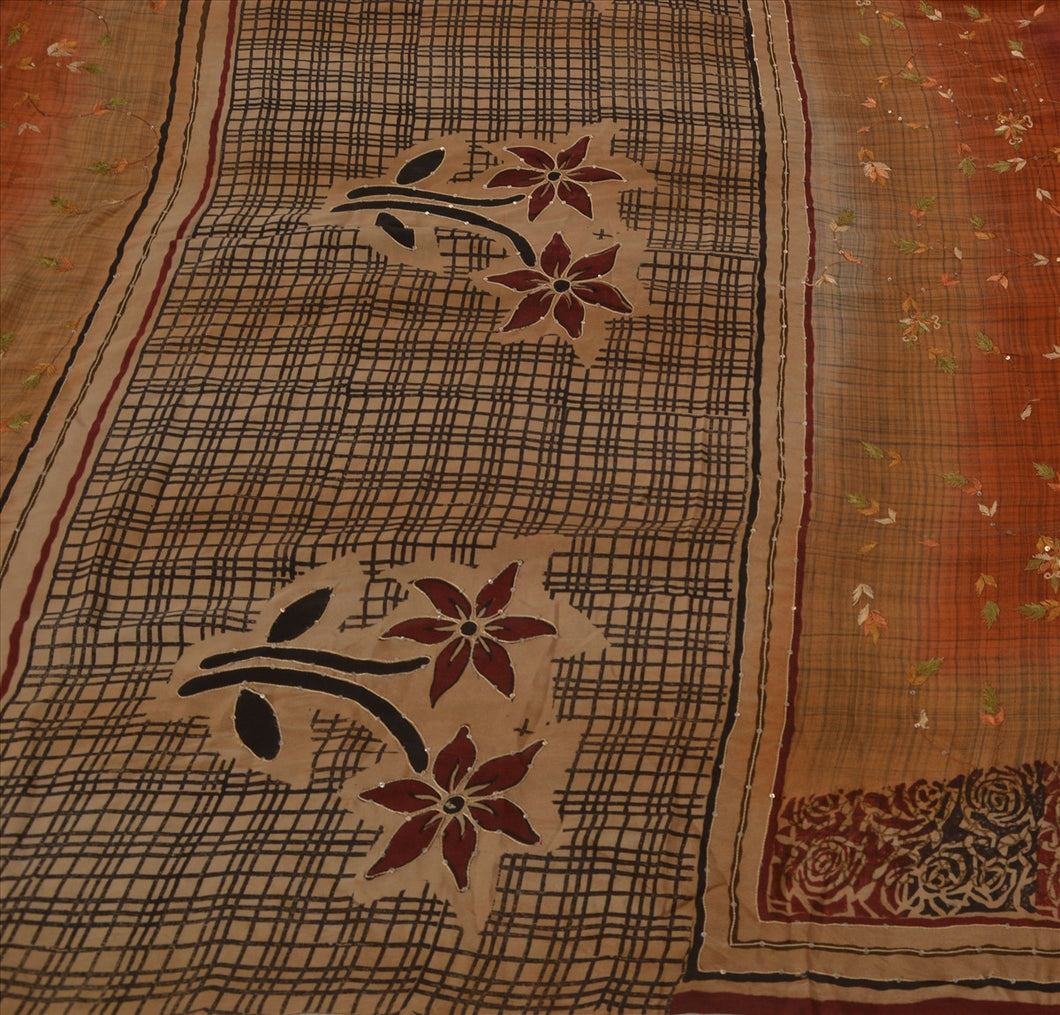 Vintage Indian Saree 100% Pure Crepe Silk Hand Beaded Multi Craft Fabric Sari