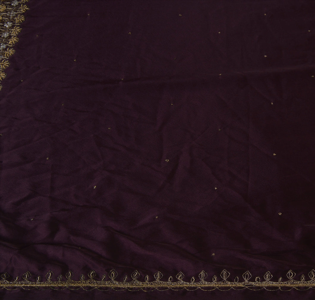 Sanskriti Vintage Indian Saree Satin Silk Hand Embroidery Purple Craft Fabric Sari