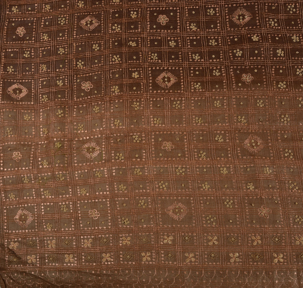 Antique Vintage Indian Saree 100% Pure Silk Hand Beaded Brown Craft Fabric Sari
