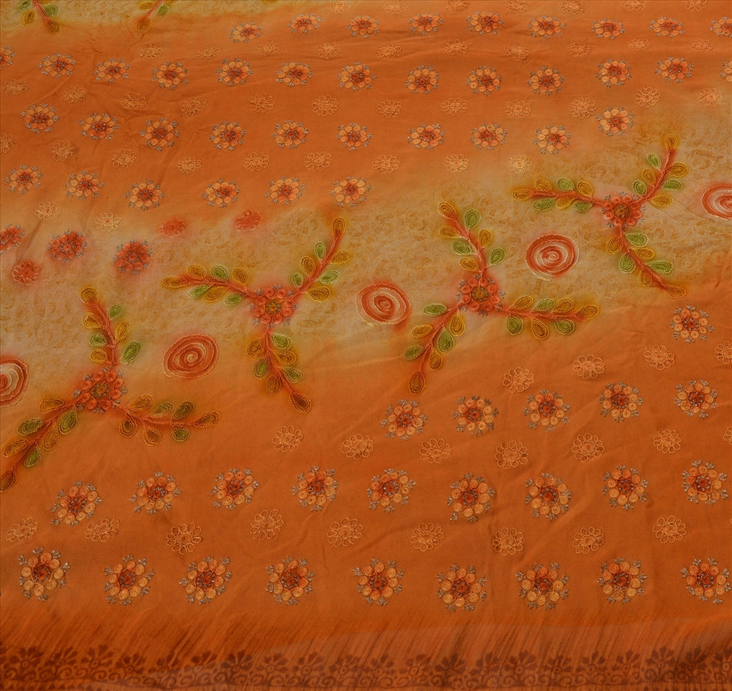 Antique Vintage Indian Saree 100% Pure Georgette Silk Embroidery Fabric Sari