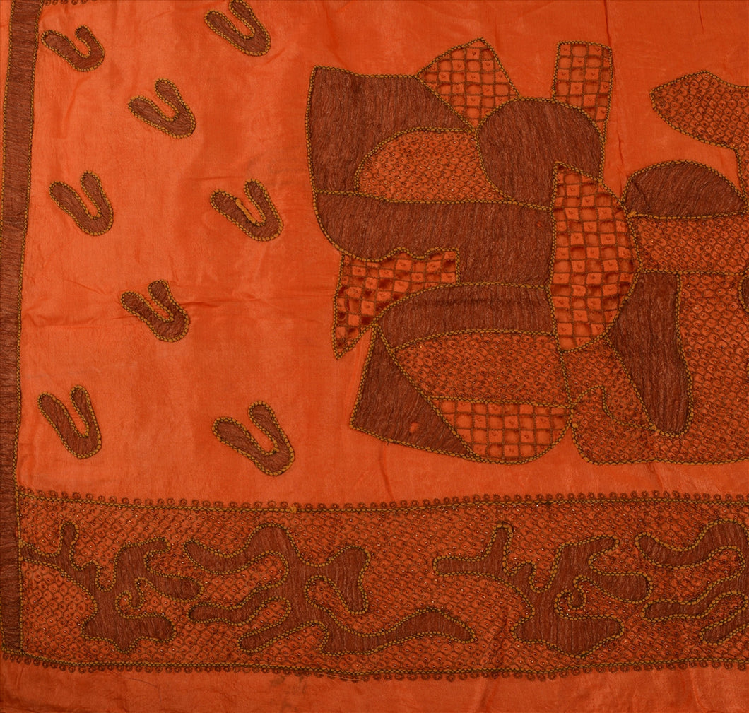 Antique Vintage Indian Saree 100% Pure Silk Hand Beaded Orange Craft Fabric Sari