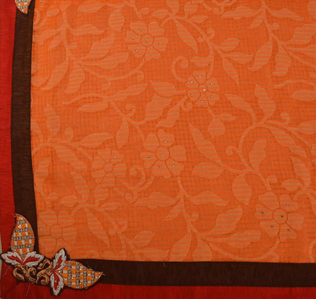 Antique Vintage Indian Saree Art Silk Hand Beaded Woven Orange Craft Fabric Sari