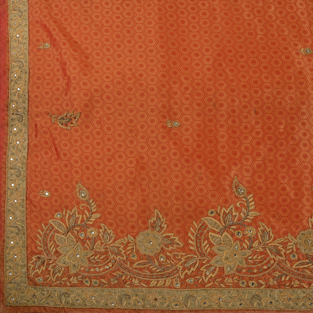 Sanskriti Vintage Indian Saree Art Silk Hand Embroidery Orange Fabric Sari With Blouse