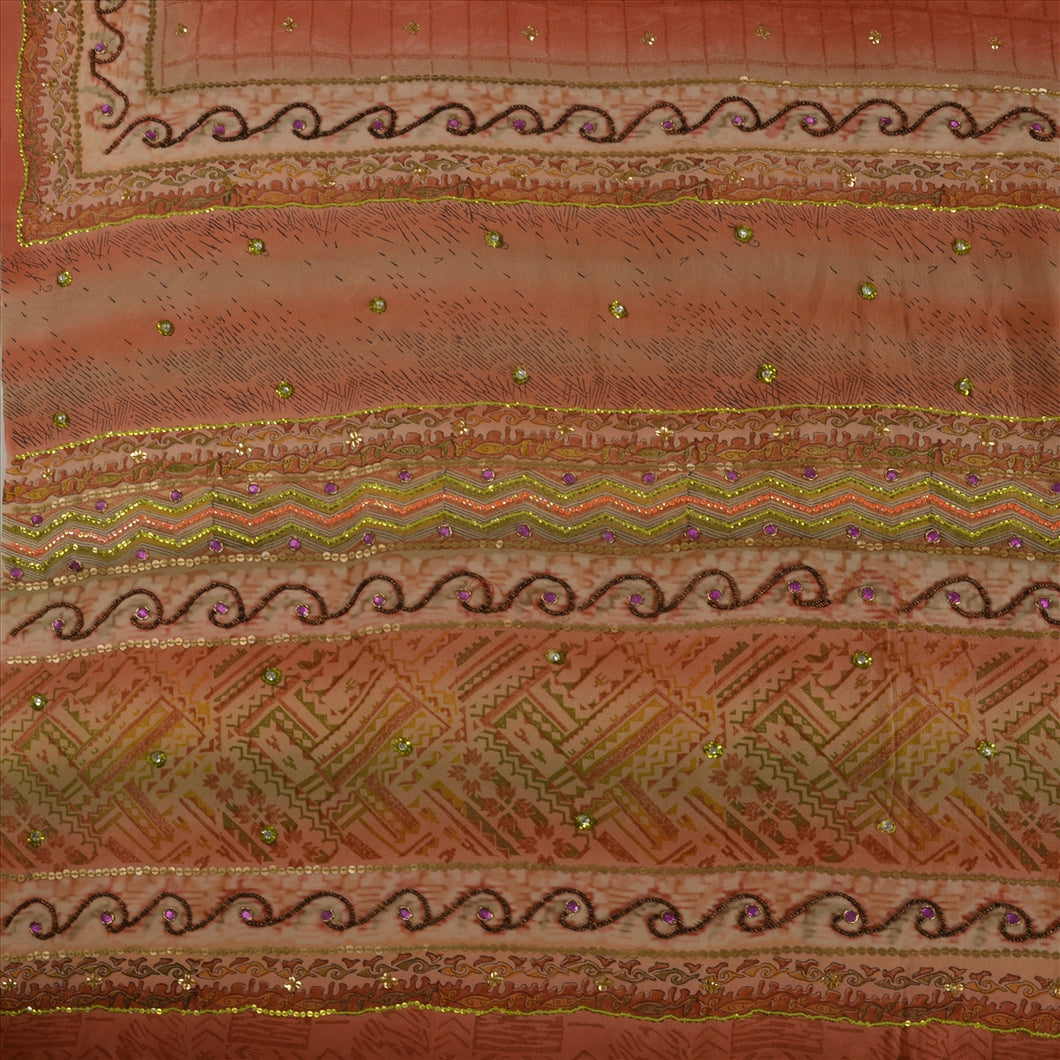 Vintage Indian Saree 100% Pure Crepe Silk Hand Beaded Peach Craft Fabric Sari