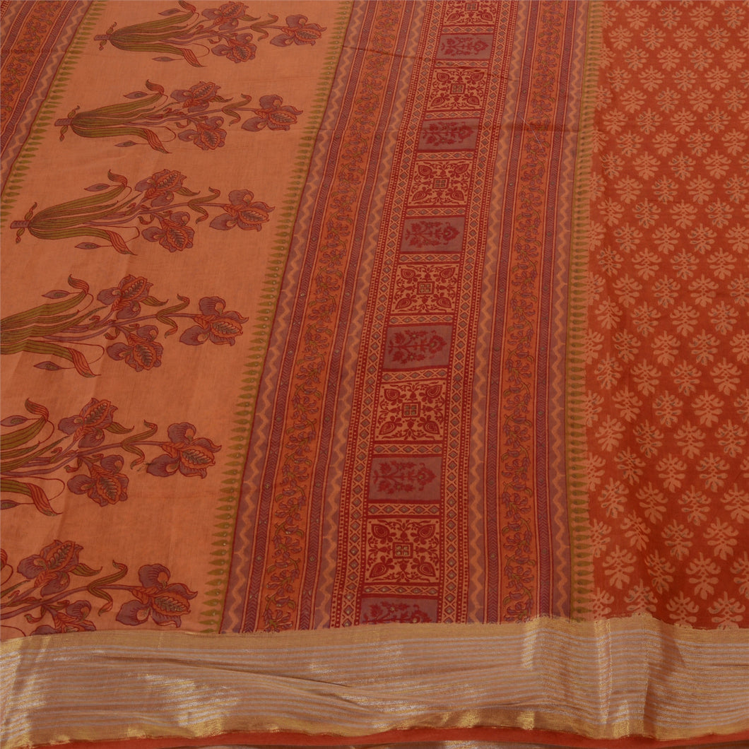 Sanskriti Vintage Indian Saree Cotton Blend Embroidered Peach Craft Fabric Sari